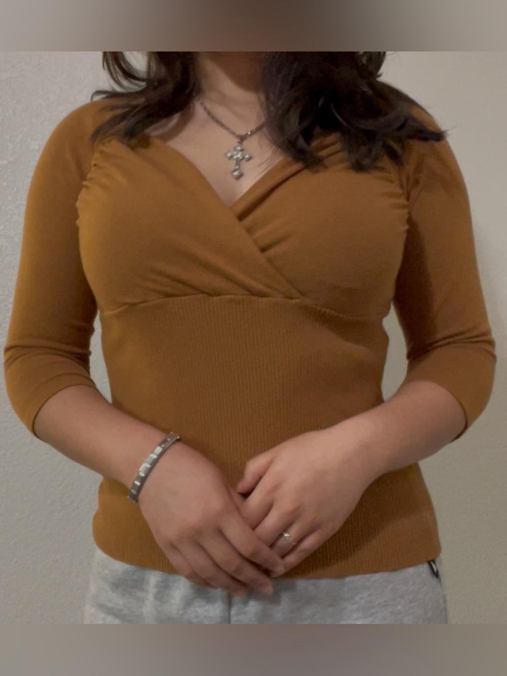 Soft Surroundings Rust Brown cross over top with cute 3/4 sleeves